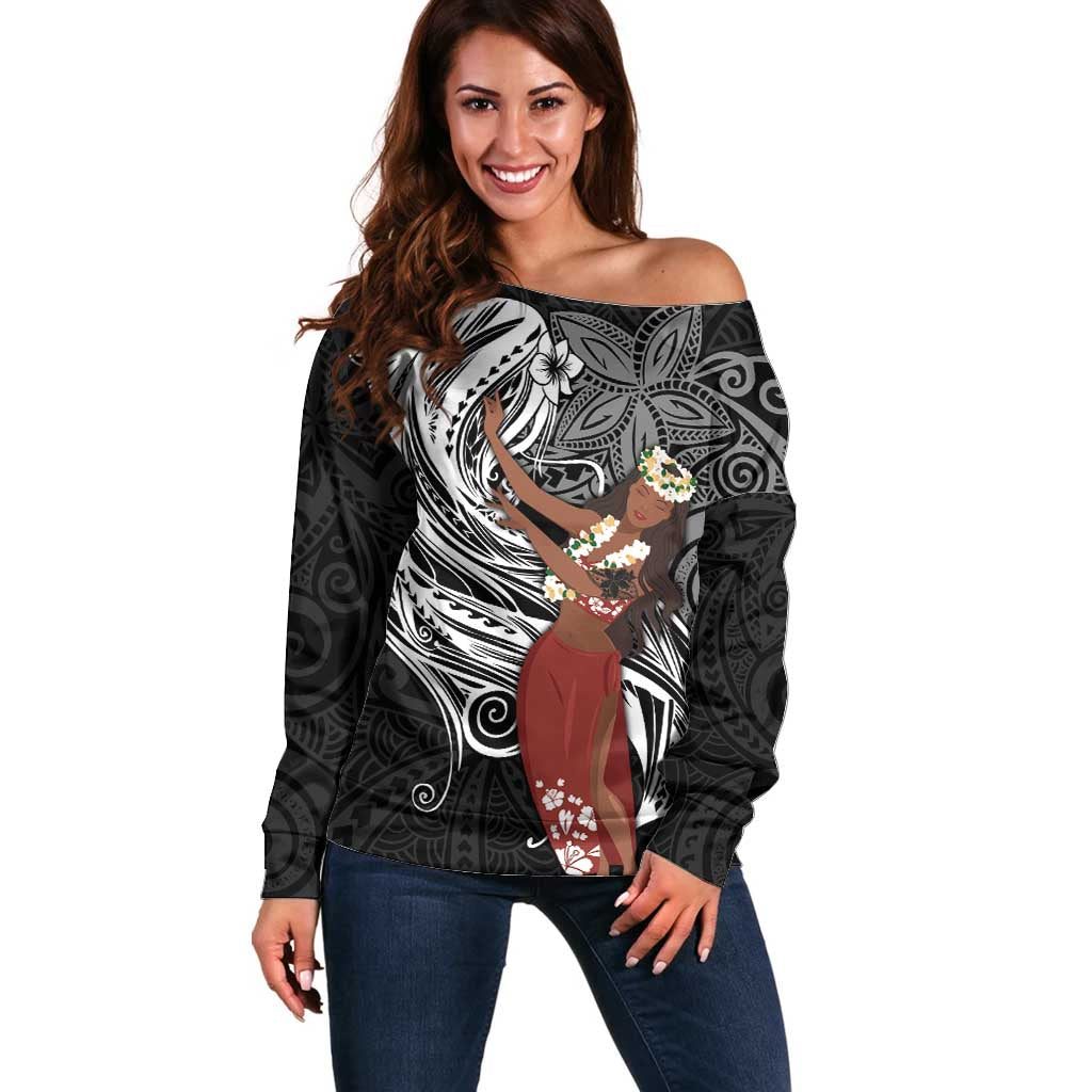 Tahiti Islands Polynesian Plumeria Off Shoulder Sweater Tahitian Vahine 'Ote'a - Black LT7 Women Black - Polynesian Pride