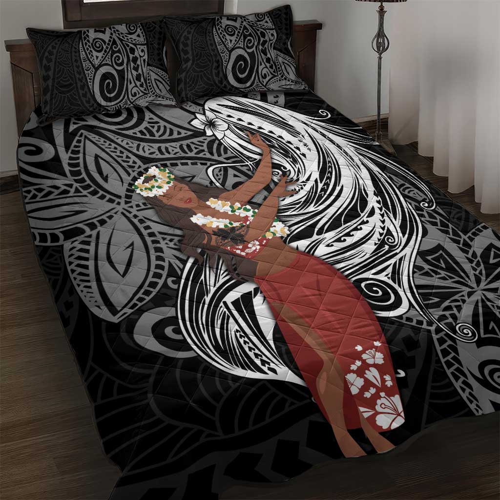Tahiti Islands Polynesian Plumeria Quilt Bed Set Tahitian Vahine 'Ote'a - Black LT7 Black - Polynesian Pride