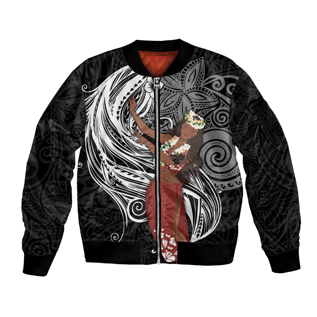 Tahiti Islands Polynesian Plumeria Sleeve Zip Bomber Jacket Tahitian Vahine 'Ote'a - Black LT7 Unisex Black - Polynesian Pride