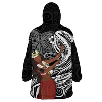 Tahiti Islands Polynesian Plumeria Wearable Blanket Hoodie Tahitian Vahine 'Ote'a - Black
