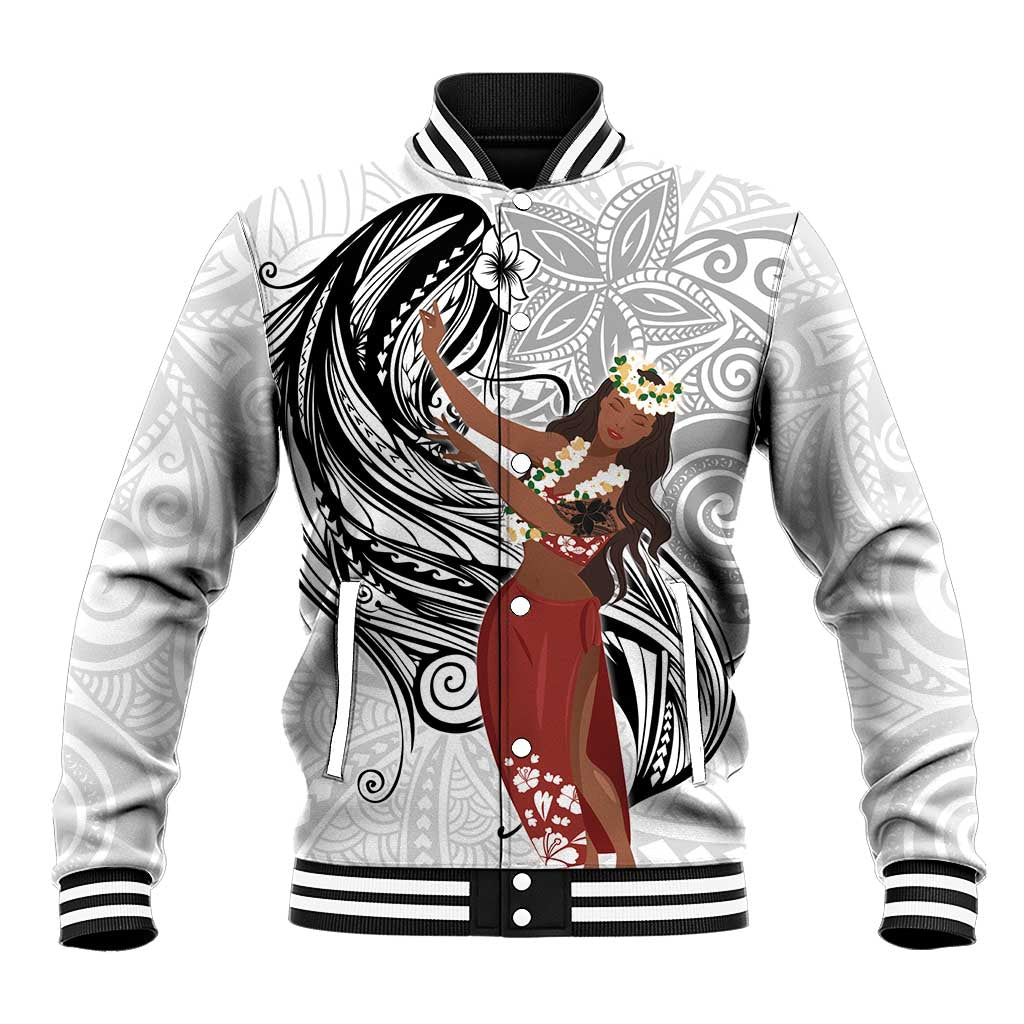 Tahiti Islands Polynesian Plumeria Baseball Jacket Tahitian Vahine 'Ote'a - White LT7 Unisex White - Polynesian Pride