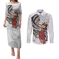 Tahiti Islands Polynesian Plumeria Couples Matching Puletasi and Long Sleeve Button Shirt Tahitian Vahine 'Ote'a - White