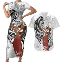 Tahiti Islands Polynesian Plumeria Couples Matching Short Sleeve Bodycon Dress and Hawaiian Shirt Tahitian Vahine 'Ote'a - White
