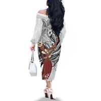 Tahiti Islands Polynesian Plumeria Family Matching Off The Shoulder Long Sleeve Dress and Hawaiian Shirt Tahitian Vahine 'Ote'a - White