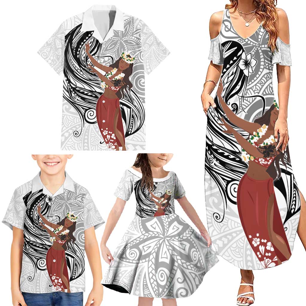 Tahiti Islands Polynesian Plumeria Family Matching Summer Maxi Dress and Hawaiian Shirt Tahitian Vahine 'Ote'a - White LT7 - Polynesian Pride