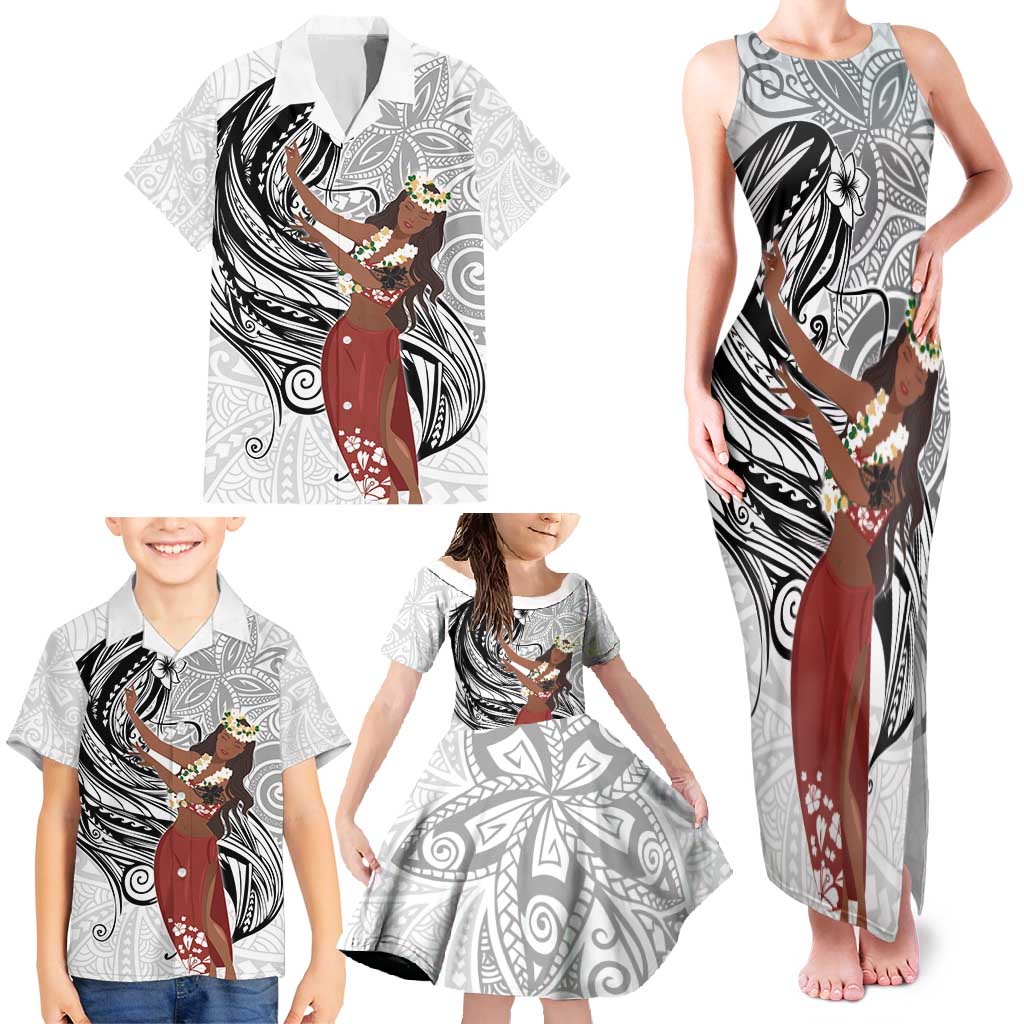 Tahiti Islands Polynesian Plumeria Family Matching Tank Maxi Dress and Hawaiian Shirt Tahitian Vahine 'Ote'a - White LT7 - Polynesian Pride