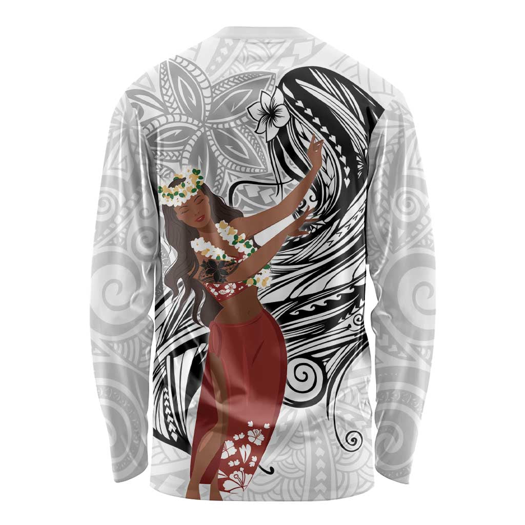 Tahiti Islands Polynesian Plumeria Long Sleeve Shirt Tahitian Vahine 'Ote'a - White