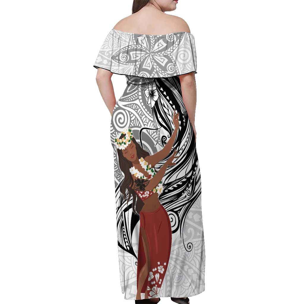 Tahiti Islands Polynesian Plumeria Off Shoulder Maxi Dress Tahitian Vahine 'Ote'a - White