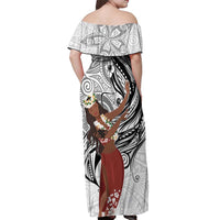 Tahiti Islands Polynesian Plumeria Off Shoulder Maxi Dress Tahitian Vahine 'Ote'a - White