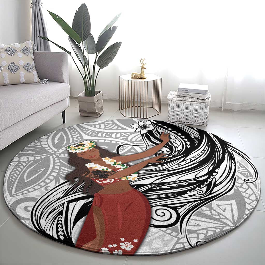 Tahiti Islands Polynesian Plumeria Round Carpet Tahitian Vahine 'Ote'a - White