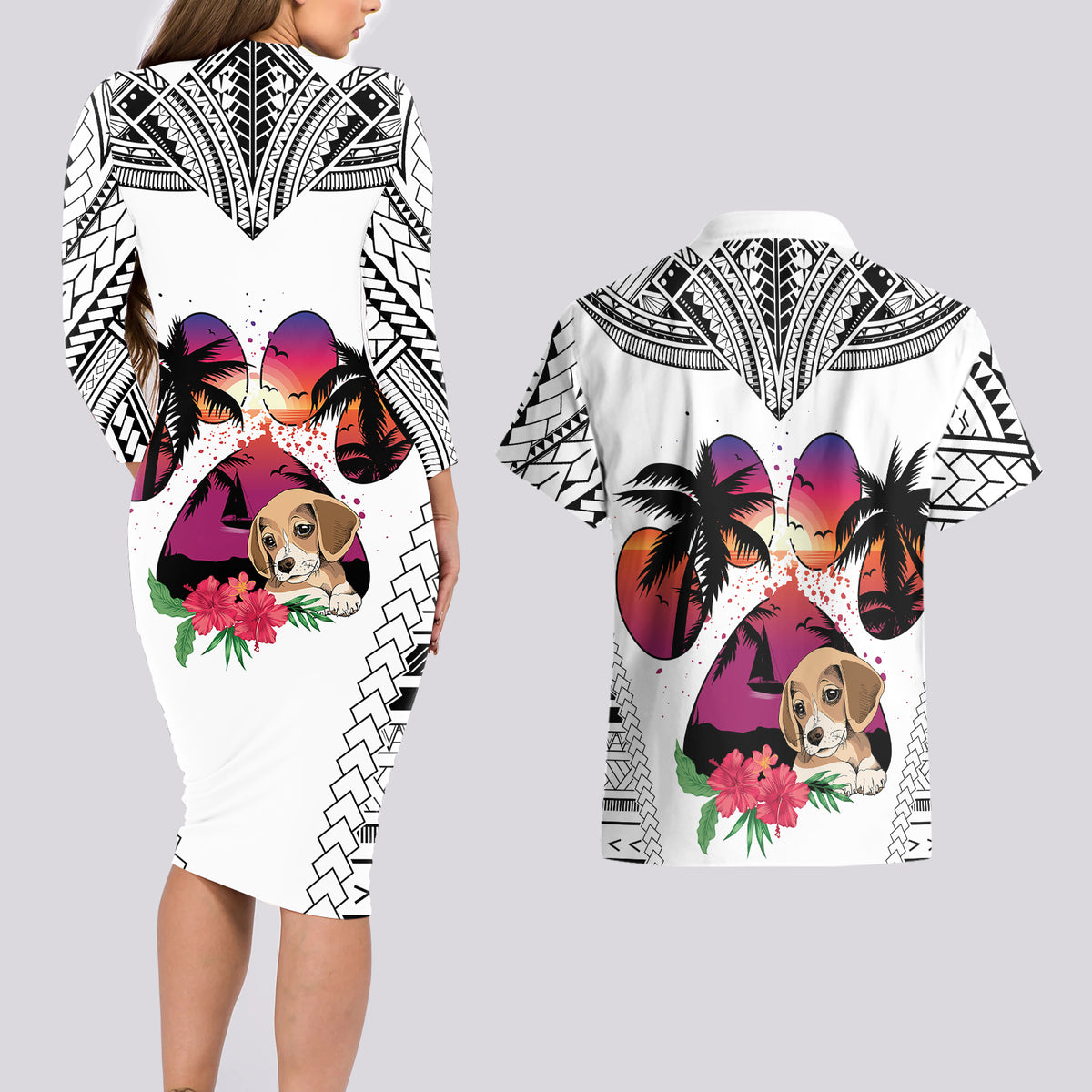 Polynesian Couples Matching Long Sleeve Bodycon Dress and Hawaiian Shirt Dog Lover With Beagle - Sunset At The Beach White Ver LT7 - Polynesian Pride