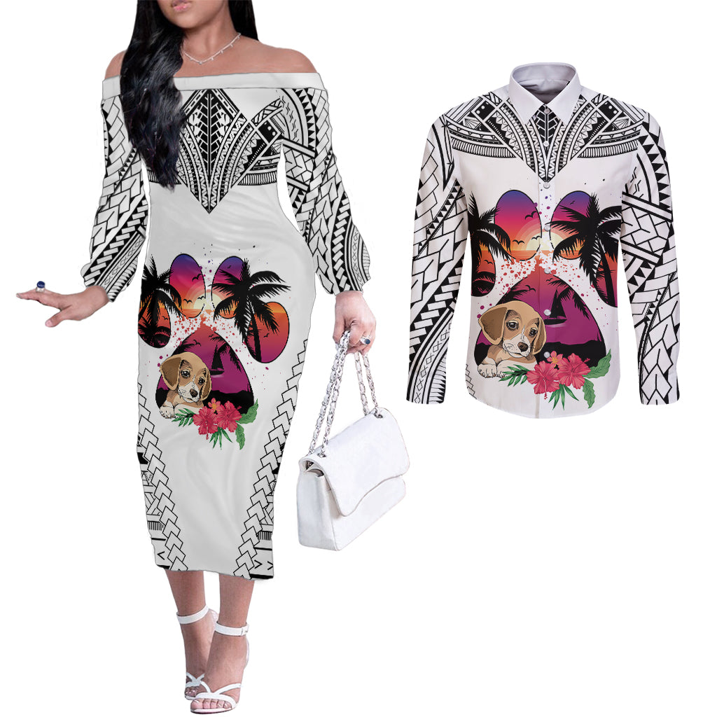 Polynesian Couples Matching Off The Shoulder Long Sleeve Dress and Long Sleeve Button Shirts Dog Lover With Beagle - Sunset At The Beach White Ver LT7 White - Polynesian Pride