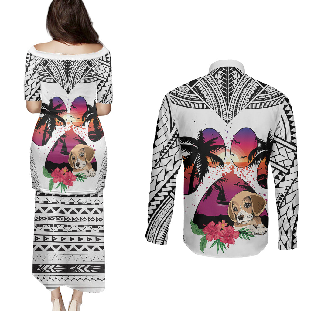 Polynesian Couples Matching Puletasi Dress and Long Sleeve Button Shirts Dog Lover With Beagle - Sunset At The Beach White Ver LT7 - Polynesian Pride