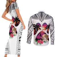 Polynesian Couples Matching Short Sleeve Bodycon Dress and Long Sleeve Button Shirts Dog Lover With Beagle - Sunset At The Beach White Ver LT7 - Polynesian Pride