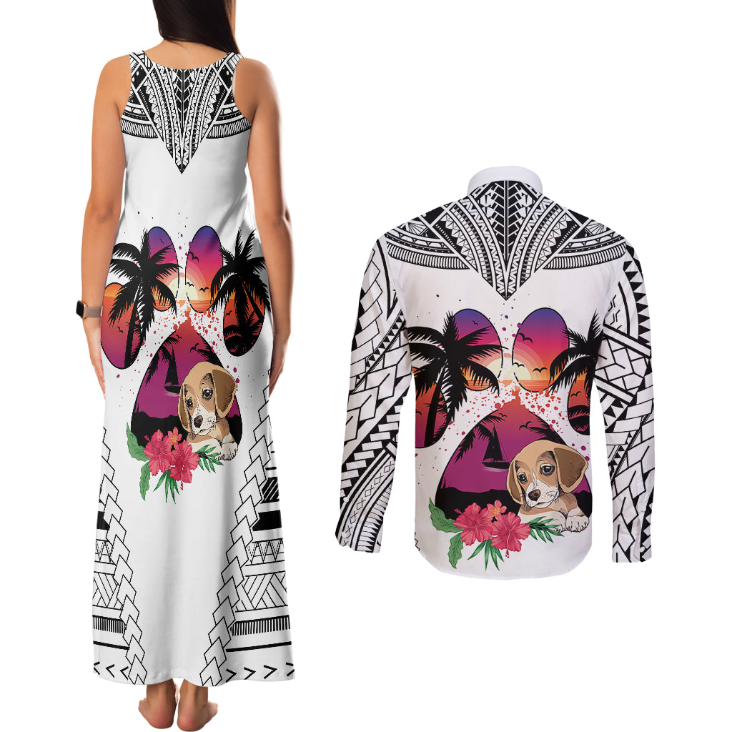 Polynesian Couples Matching Tank Maxi Dress and Long Sleeve Button Shirts Dog Lover With Beagle - Sunset At The Beach White Ver LT7 - Polynesian Pride