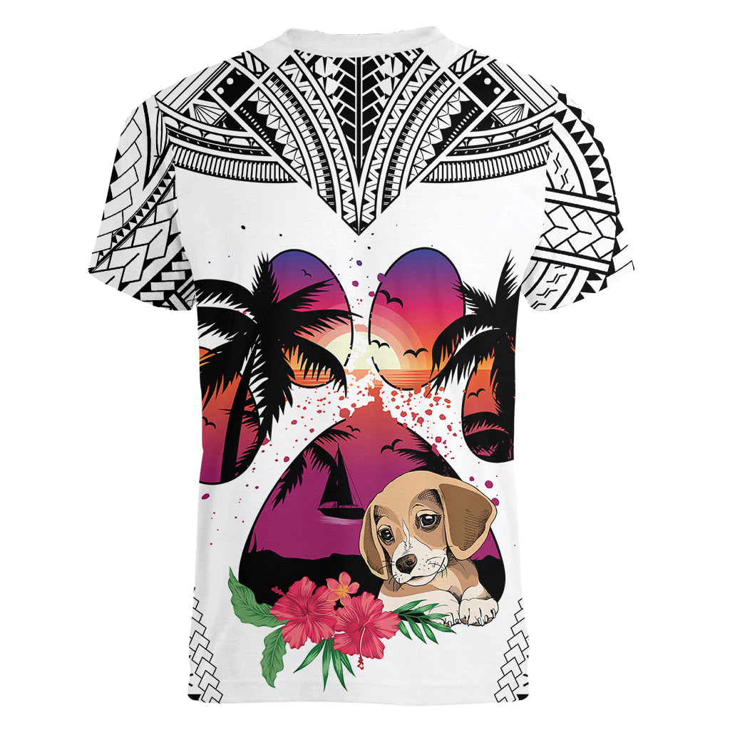 Polynesian Women V Neck T Shirt Dog Lover With Beagle - Sunset At The Beach White Ver LT7 - Polynesian Pride