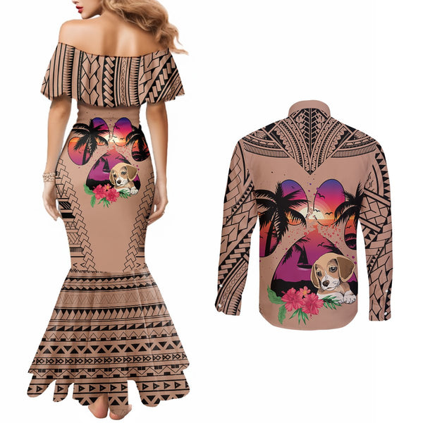 Polynesian Off Shoulder Maxi Dress Dog Lover With Border Collie - Sunset At The Beach Brown Ver LT7 main image 0