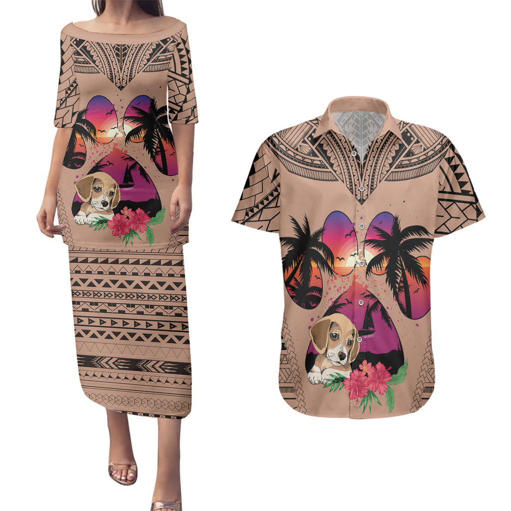 Polynesian Couples Matching Puletasi Dress and Hawaiian Shirt Dog Lover With Beagle - Sunset At The Beach Brown Ver LT7 Brown - Polynesian Pride