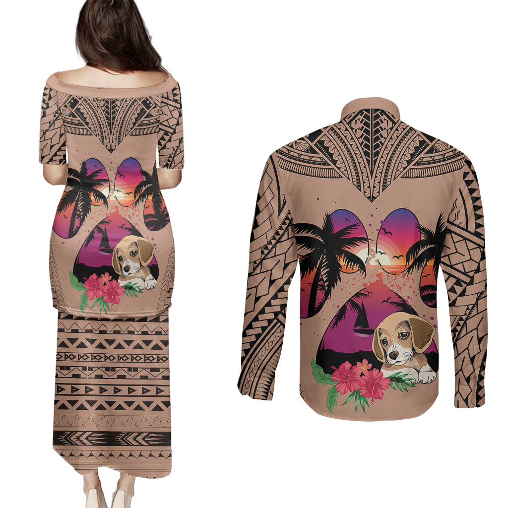 Polynesian Couples Matching Puletasi Dress and Long Sleeve Button Shirts Dog Lover With Beagle - Sunset At The Beach Brown Ver LT7 - Polynesian Pride