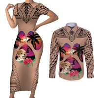 Polynesian Couples Matching Short Sleeve Bodycon Dress and Long Sleeve Button Shirts Dog Lover With Beagle - Sunset At The Beach Brown Ver LT7 Brown - Polynesian Pride