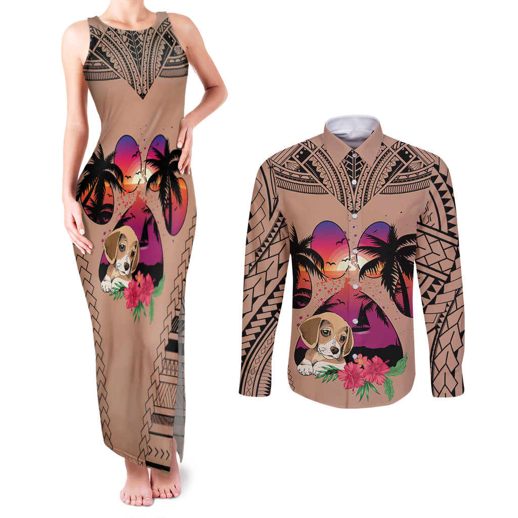 Polynesian Couples Matching Tank Maxi Dress and Long Sleeve Button Shirts Dog Lover With Beagle - Sunset At The Beach Brown Ver LT7 Brown - Polynesian Pride