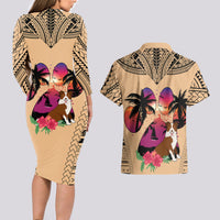 Polynesian Couples Matching Long Sleeve Bodycon Dress and Hawaiian Shirt Dog Lover With Border Collie - Sunset At The Beach LT7 - Polynesian Pride