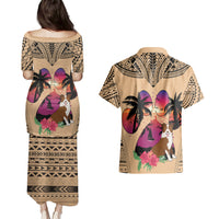 Polynesian Couples Matching Puletasi Dress and Hawaiian Shirt Dog Lover With Border Collie - Sunset At The Beach LT7 - Polynesian Pride