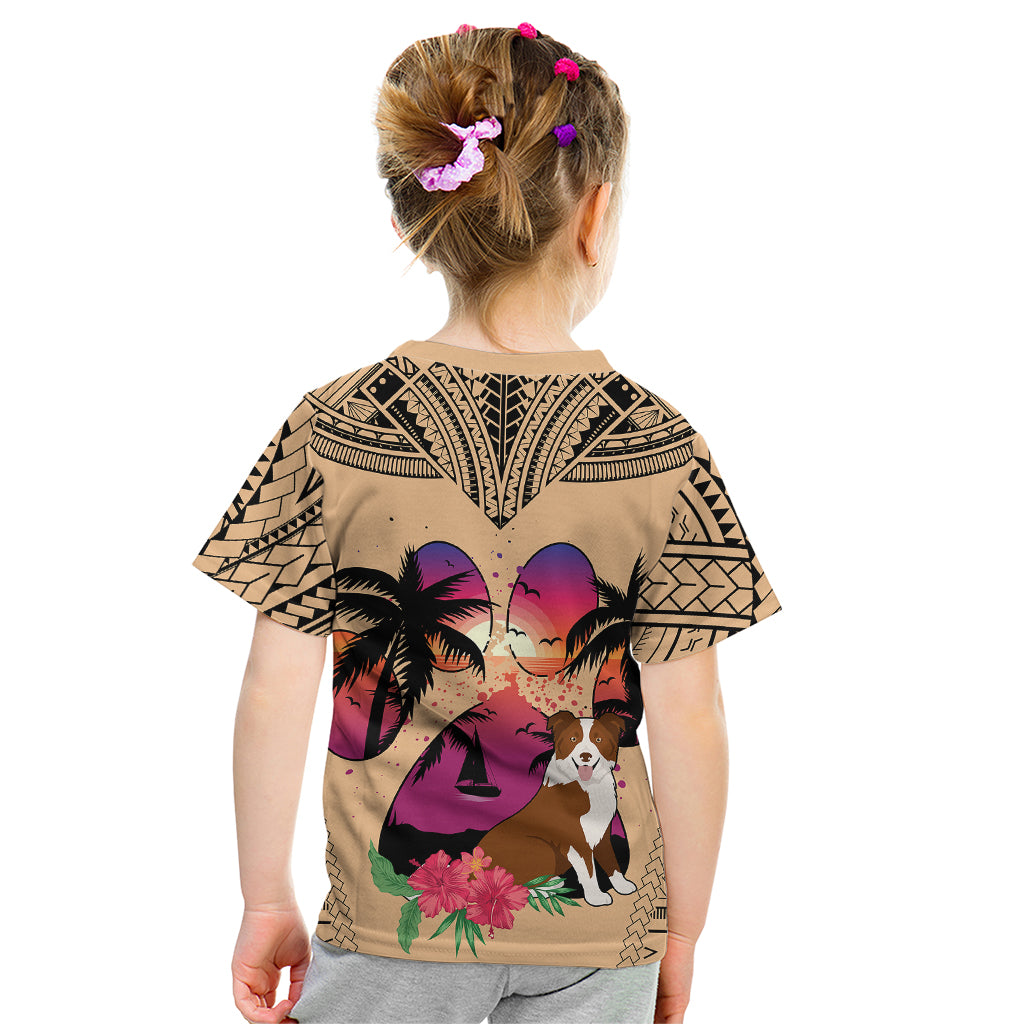 Polynesian Kid T Shirt Dog Lover With Border Collie - Sunset At The Beach LT7 - Polynesian Pride