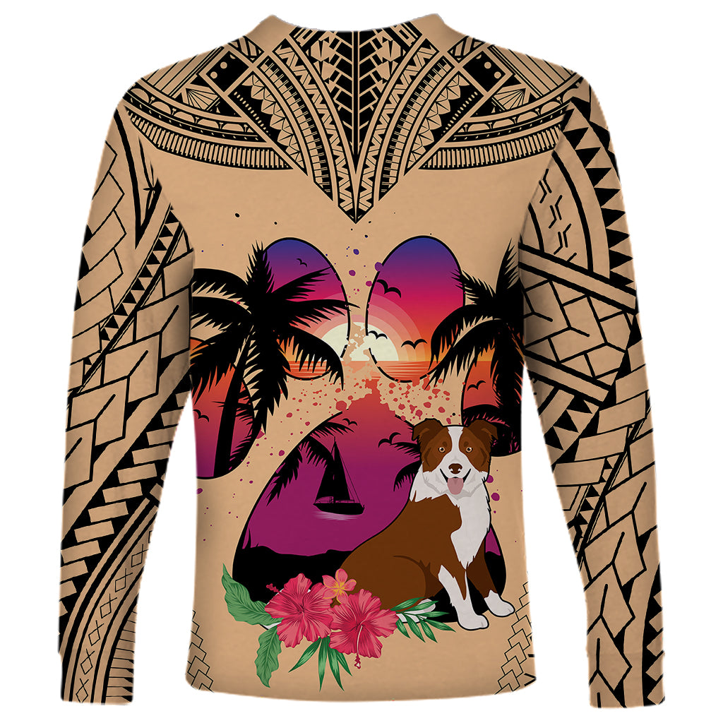 Polynesian Long Sleeve Shirt Dog Lover With Border Collie - Sunset At The Beach LT7 - Polynesian Pride
