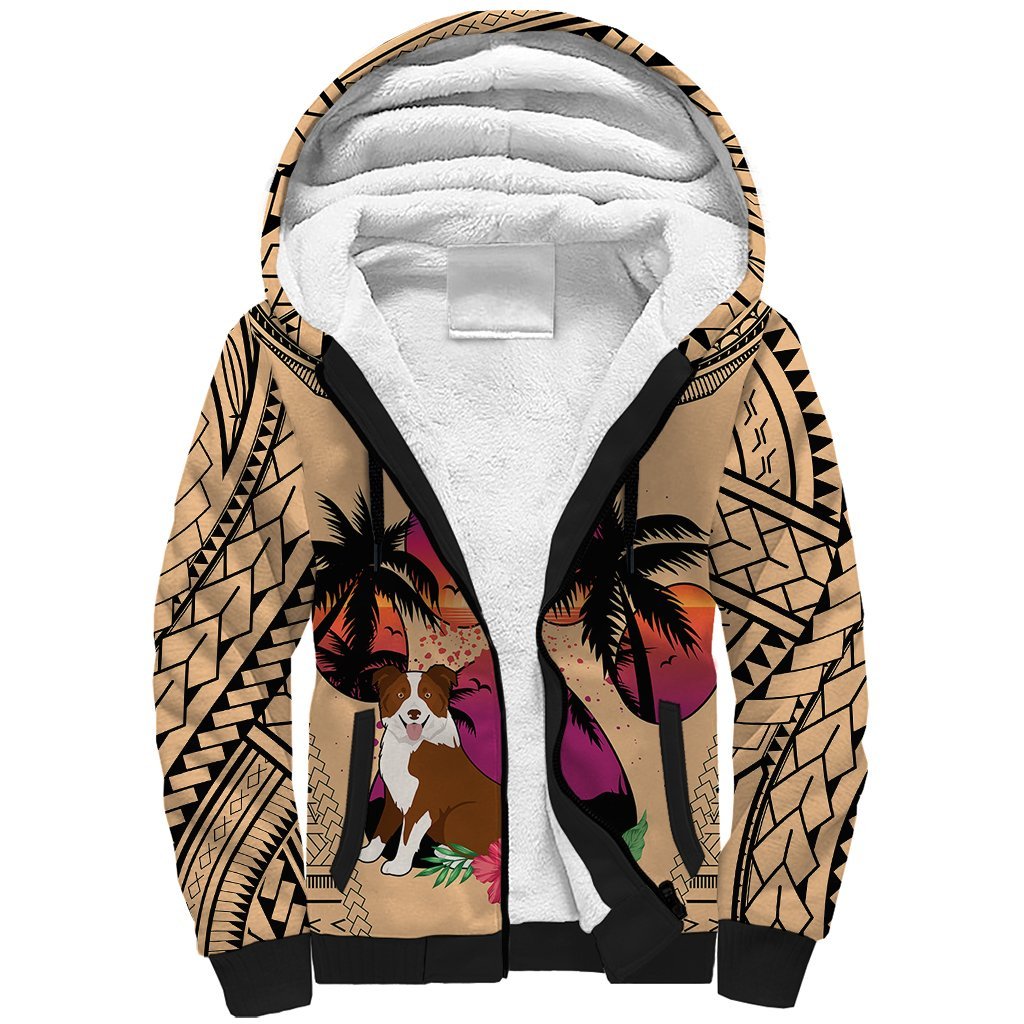 Polynesian Sherpa Hoodie Dog Lover With Border Collie - Sunset At The Beach LT7 Unisex Coral - Polynesian Pride