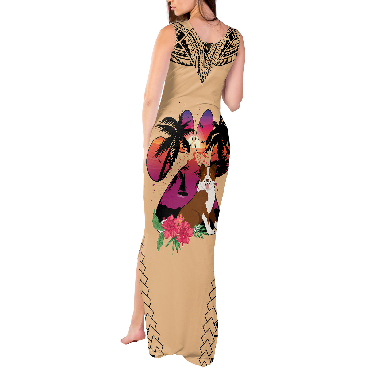 Polynesian Tank Maxi Dress Dog Lover With Border Collie - Sunset At The Beach LT7 - Polynesian Pride