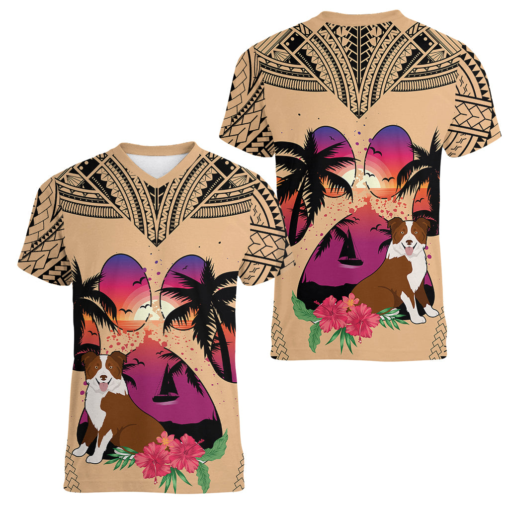 Polynesian Women V Neck T Shirt Dog Lover With Border Collie - Sunset At The Beach LT7 - Polynesian Pride