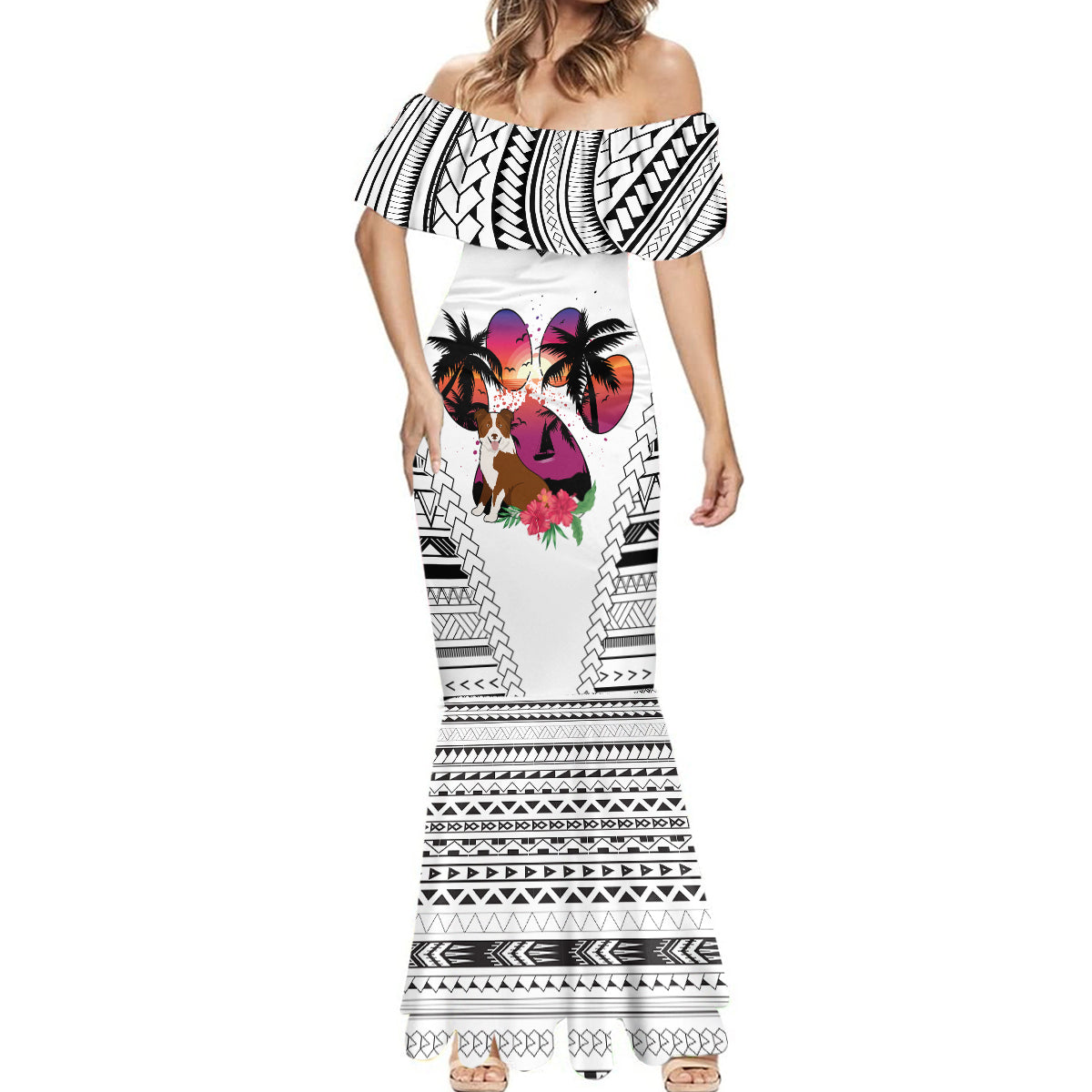Polynesian Mermaid Dress Dog Lover With Border Collie - Sunset At The Beach White Ver LT7 - Polynesian Pride