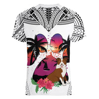 Polynesian Women V Neck T Shirt Dog Lover With Border Collie - Sunset At The Beach White Ver LT7 - Polynesian Pride