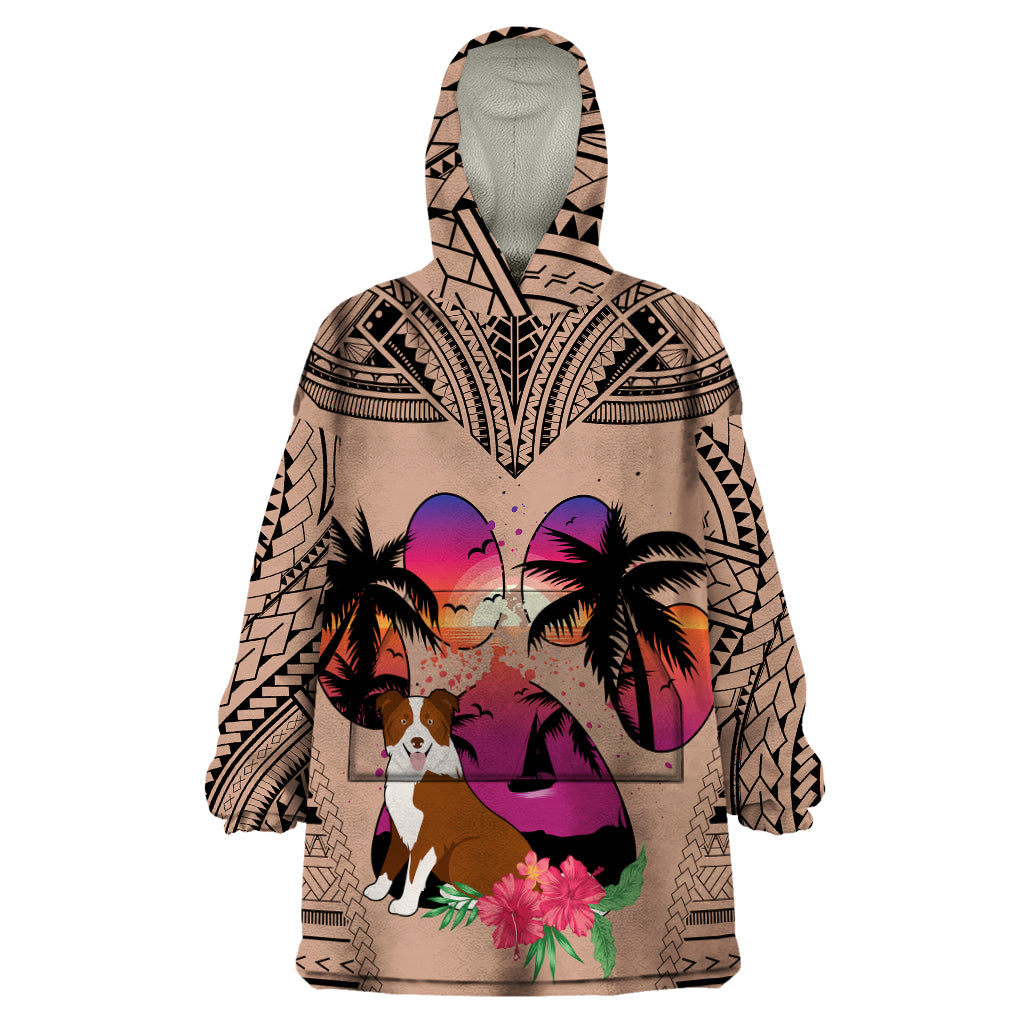 Polynesian Wearable Blanket Hoodie Dog Lover With Border Collie - Sunset At The Beach Brown Ver LT7 One Size Brown - Polynesian Pride