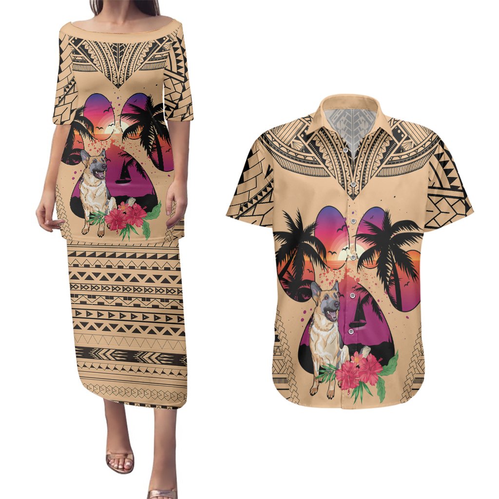 Polynesian Couples Matching Puletasi Dress and Hawaiian Shirt Dog Lover With German Shepherd - Sunset At The Beach LT7 Coral - Polynesian Pride