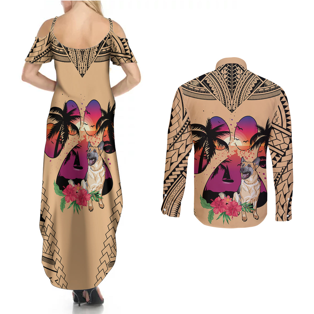 Polynesian Couples Matching Summer Maxi Dress and Long Sleeve Button Shirts Dog Lover With German Shepherd - Sunset At The Beach LT7 - Polynesian Pride