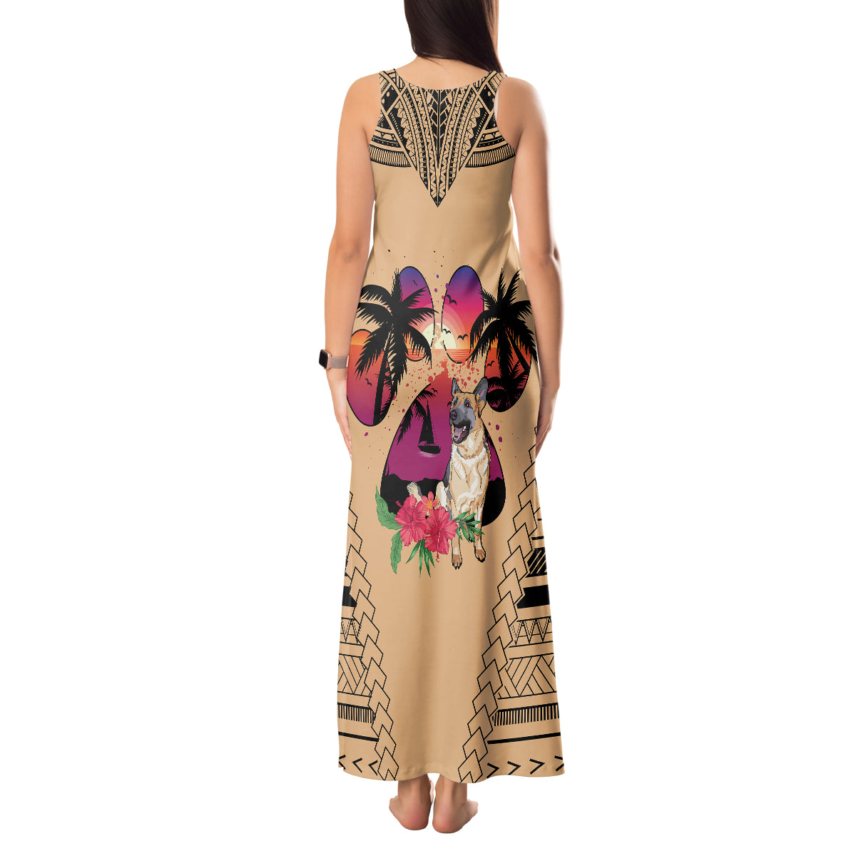 Polynesian Tank Maxi Dress Dog Lover With German Shepherd - Sunset At The Beach LT7 - Polynesian Pride