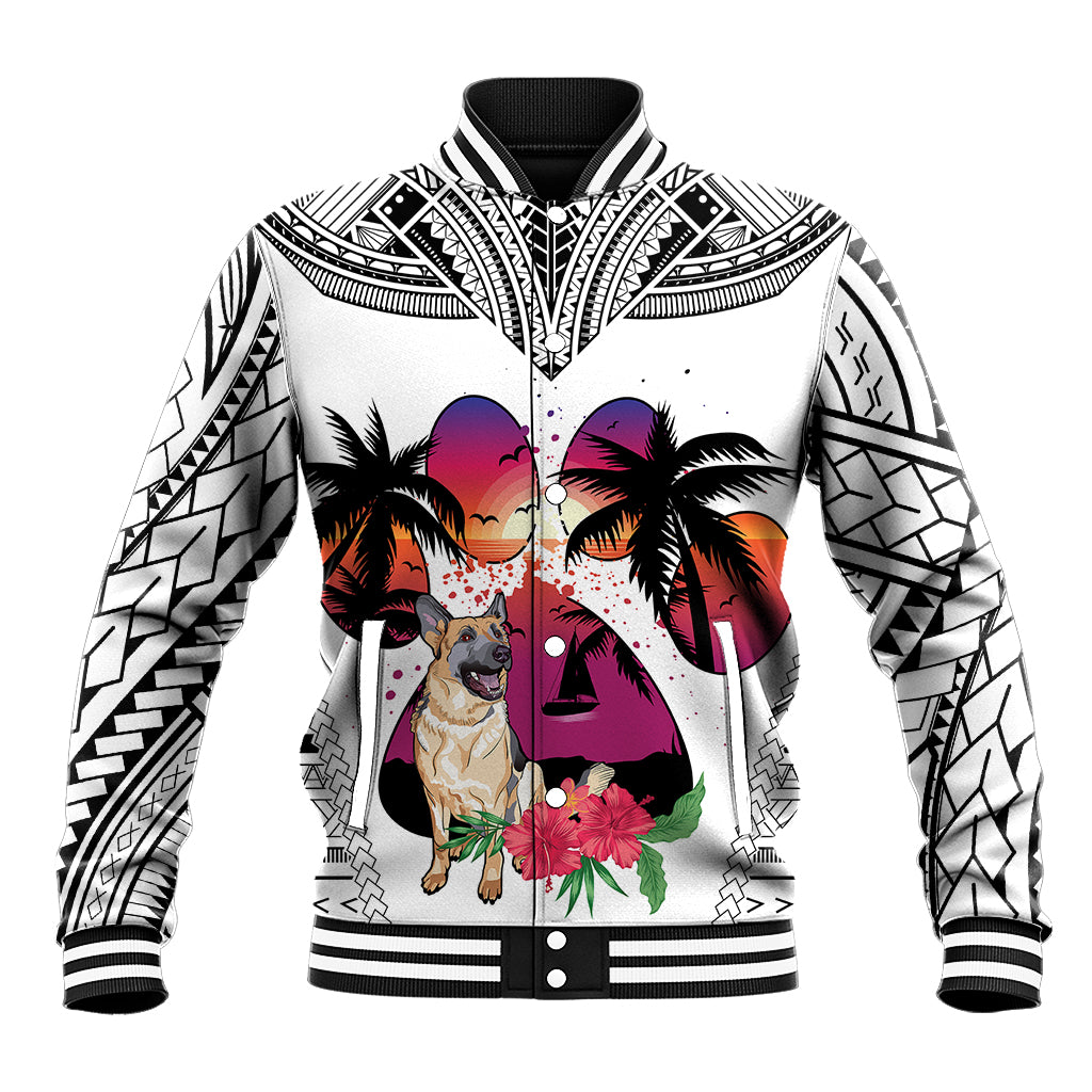Polynesian Baseball Jacket Dog Lover With German Shepherd - Sunset At The Beach White Ver LT7 Unisex White - Polynesian Pride