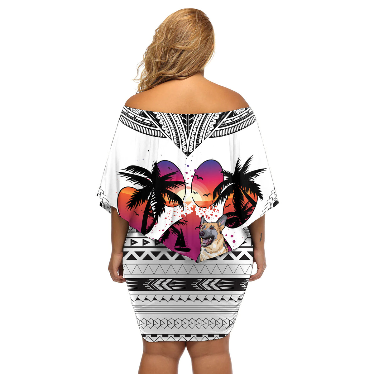 Polynesian Off Shoulder Short Dress Dog Lover With German Shepherd - Sunset At The Beach White Ver LT7 - Polynesian Pride