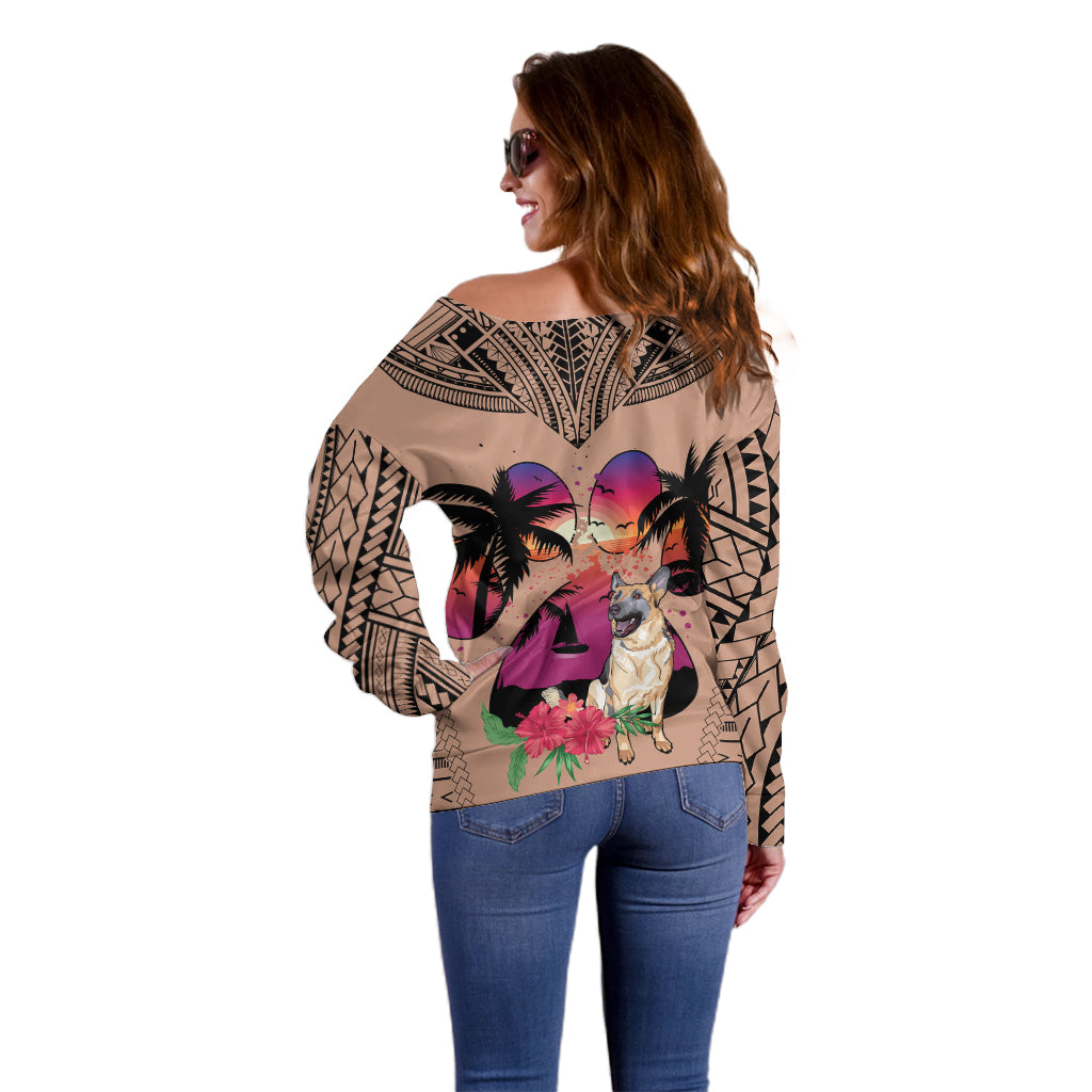 Polynesian Off Shoulder Sweater Dog Lover With German Shepherd - Sunset At The Beach Brown Ver LT7 - Polynesian Pride