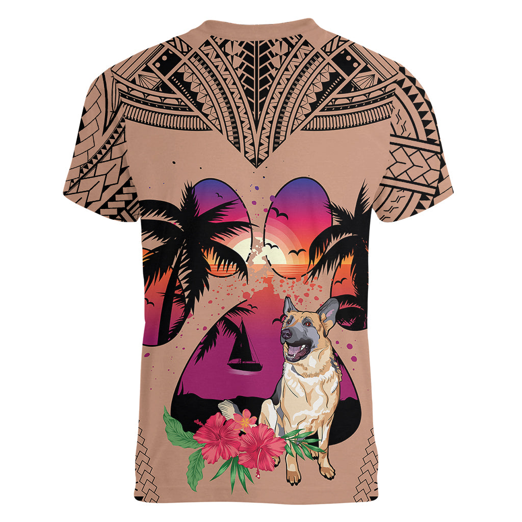 Polynesian Women V Neck T Shirt Dog Lover With German Shepherd - Sunset At The Beach Brown Ver LT7 - Polynesian Pride