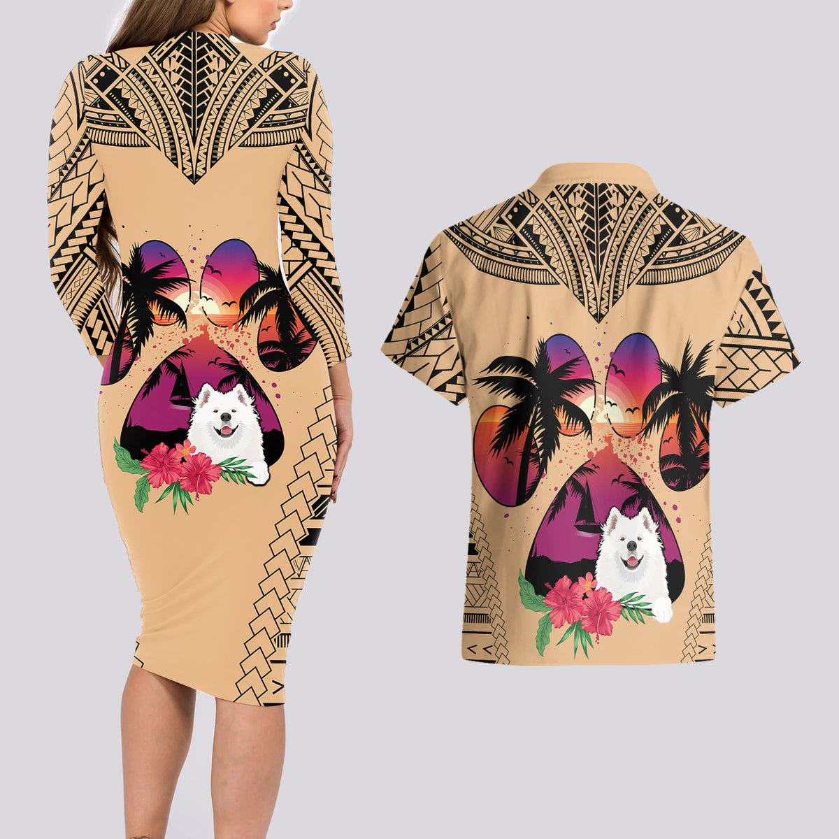Polynesian Couples Matching Long Sleeve Bodycon Dress and Hawaiian Shirt Dog Lover With Samoyed - Sunset At The Beach LT7 - Polynesian Pride