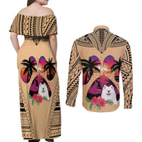 Polynesian Couples Matching Off Shoulder Maxi Dress and Long Sleeve Button Shirts Dog Lover With Samoyed - Sunset At The Beach LT7 - Polynesian Pride