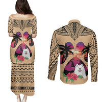 Polynesian Couples Matching Puletasi Dress and Long Sleeve Button Shirts Dog Lover With Samoyed - Sunset At The Beach LT7 - Polynesian Pride