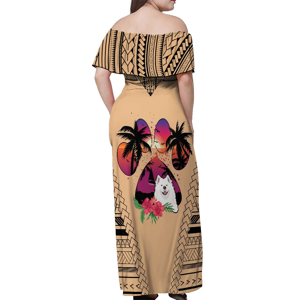 Polynesian Off Shoulder Maxi Dress Dog Lover With Samoyed - Sunset At The Beach LT7 - Polynesian Pride