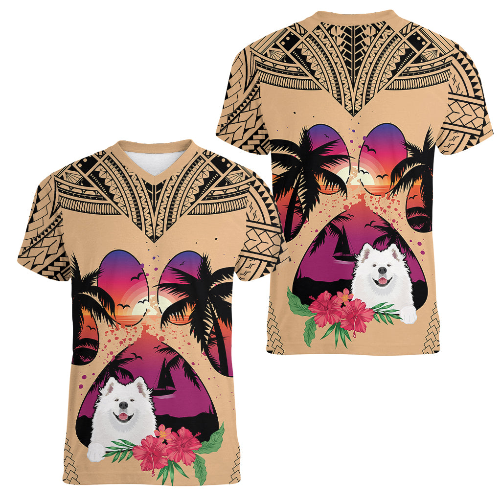 Polynesian Women V Neck T Shirt Dog Lover With Samoyed - Sunset At The Beach LT7 - Polynesian Pride
