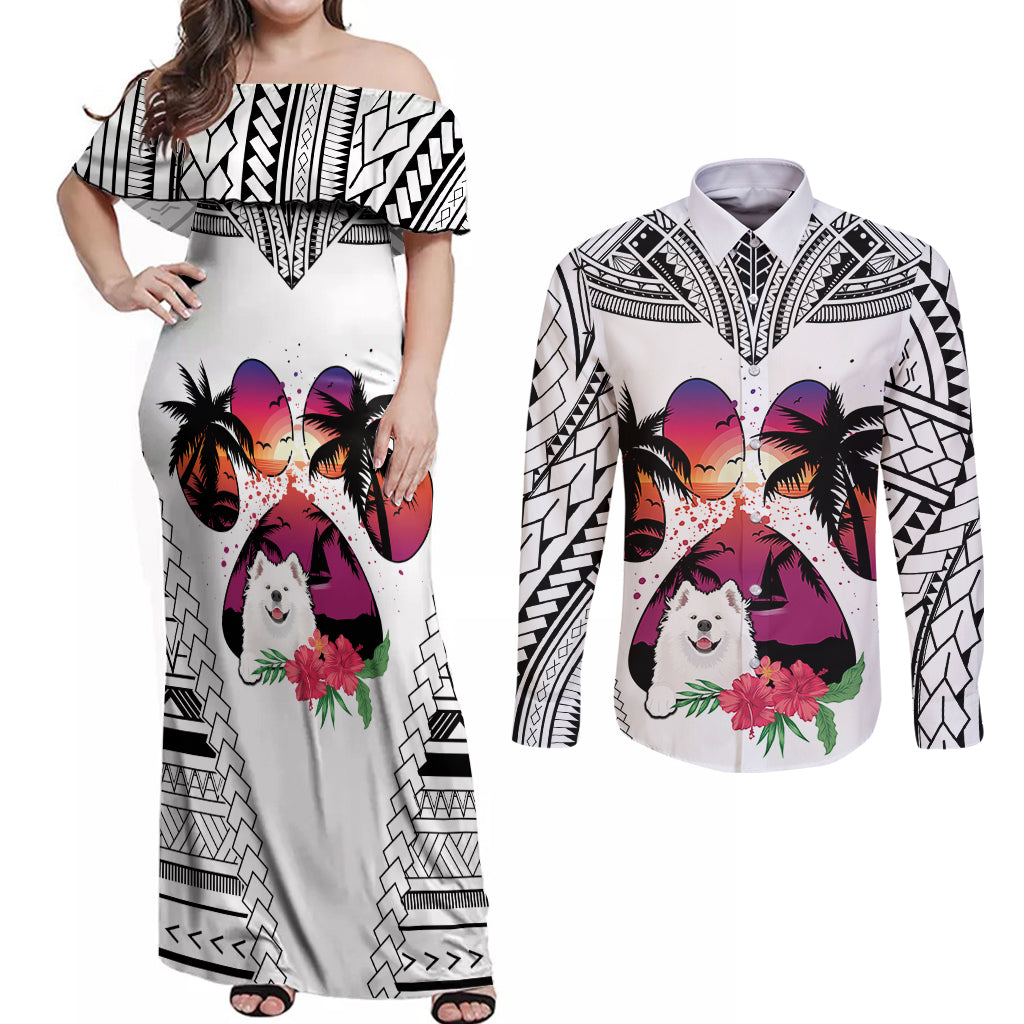 Polynesian Couples Matching Off Shoulder Maxi Dress and Long Sleeve Button Shirts Dog Lover With Samoyed - Sunset At The Beach White Ver LT7 White - Polynesian Pride