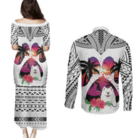 Polynesian Couples Matching Puletasi Dress and Long Sleeve Button Shirts Dog Lover With Samoyed - Sunset At The Beach White Ver LT7 - Polynesian Pride