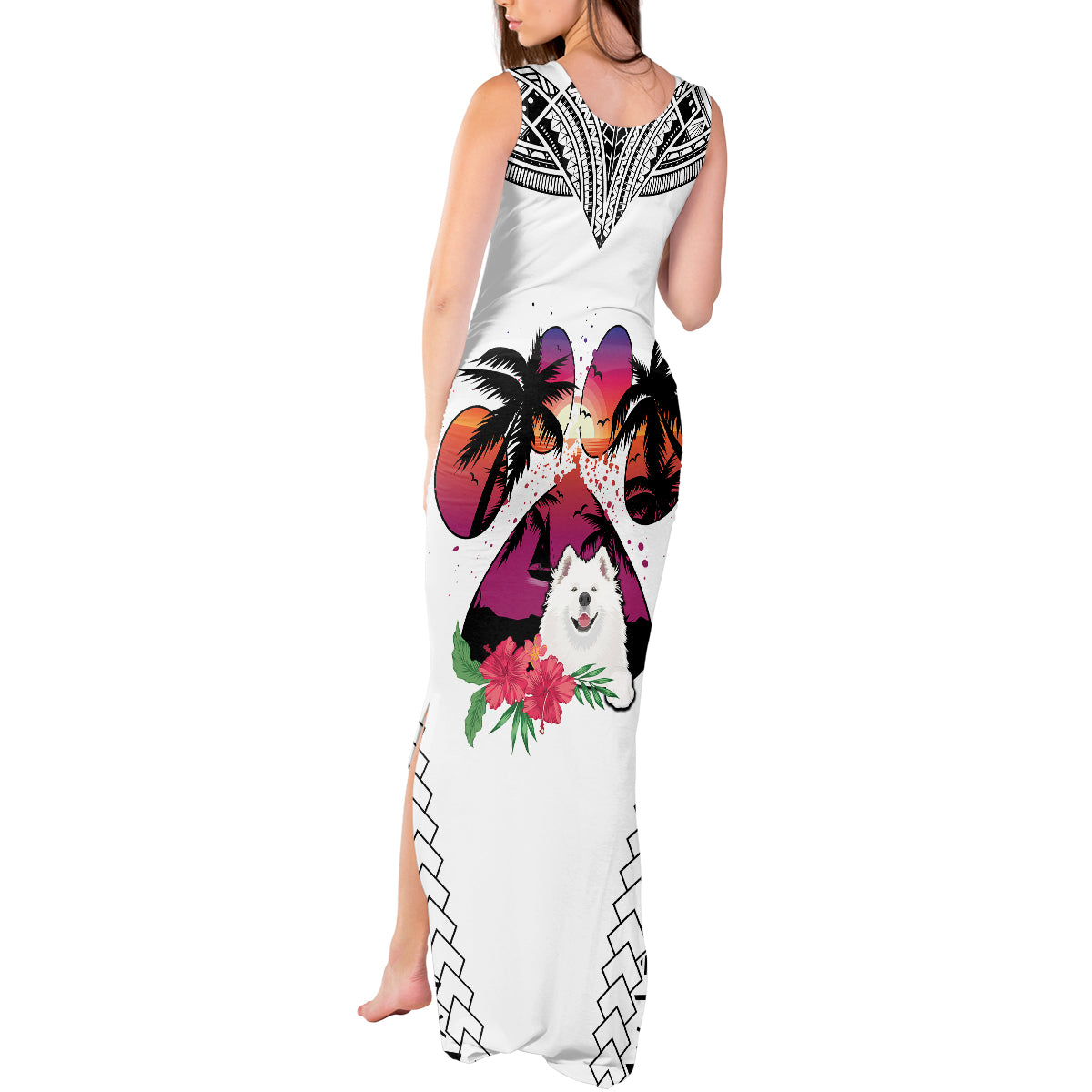 Polynesian Tank Maxi Dress Dog Lover With Samoyed - Sunset At The Beach White Ver LT7 - Polynesian Pride